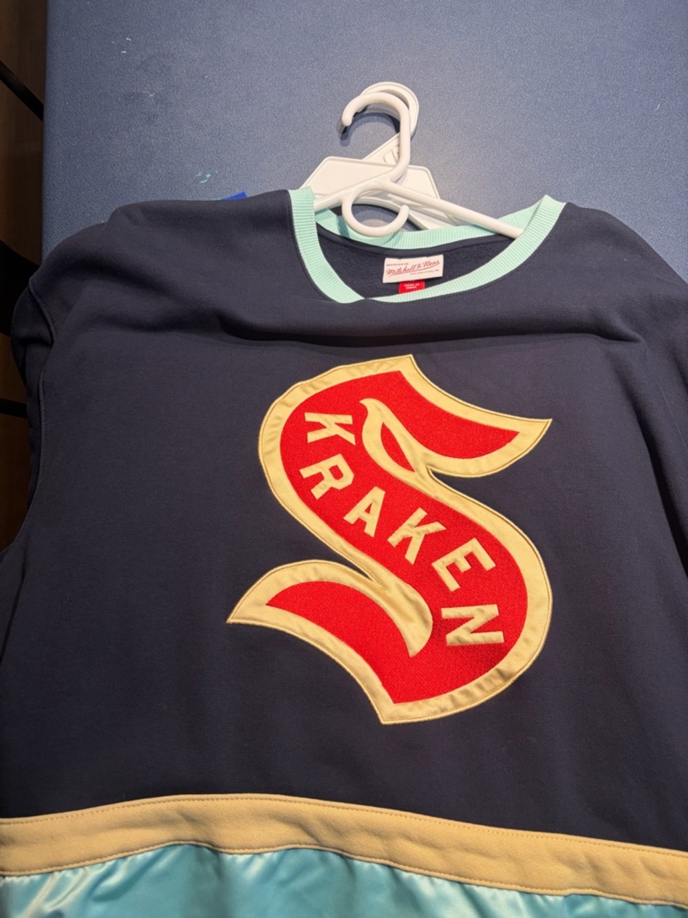 Mitchell & Ness Navy Crewneck Sweater with Red and Cream Kraken Patch